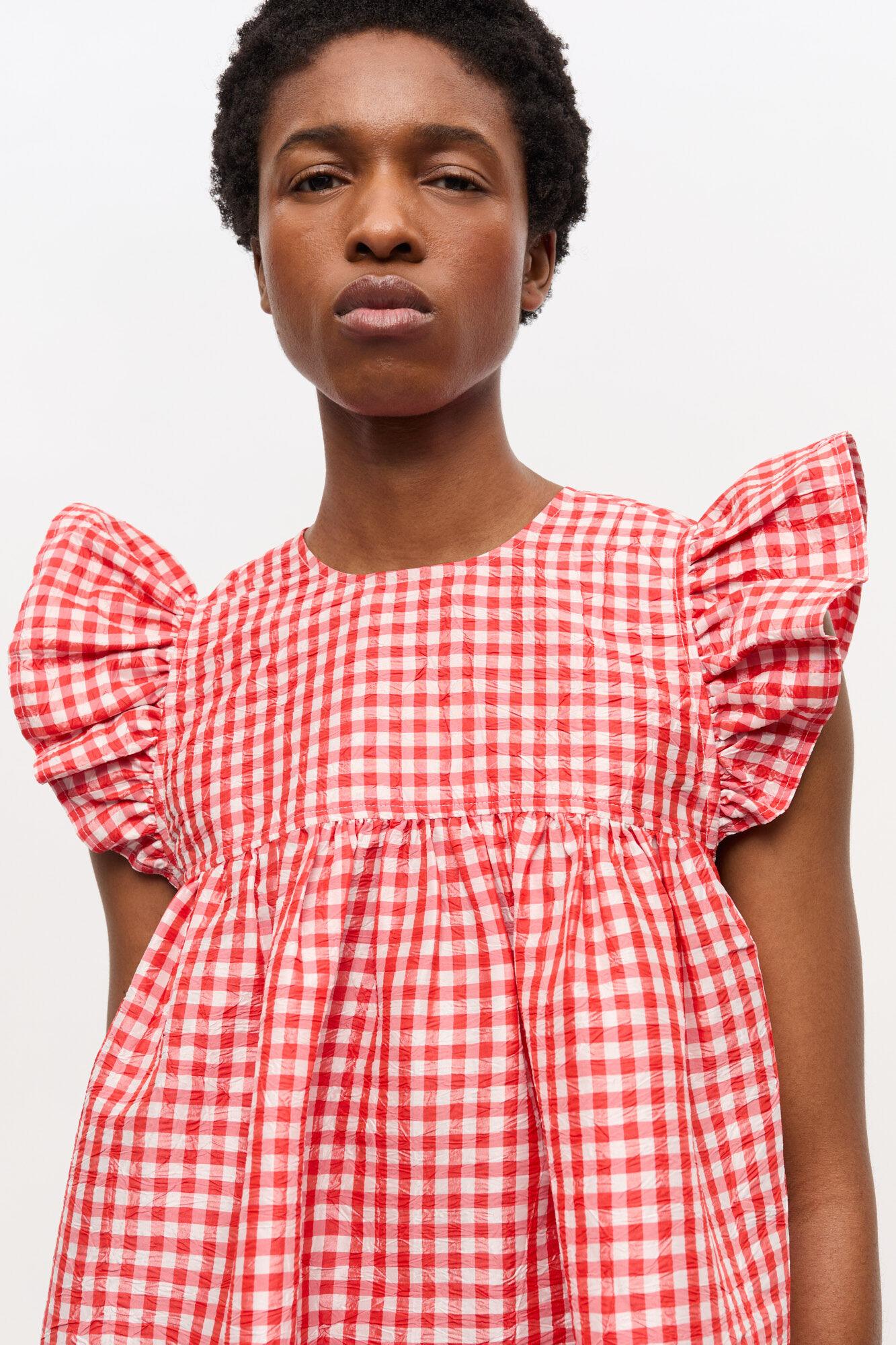 Red Crinkled Check Taffeta Dress Product Image