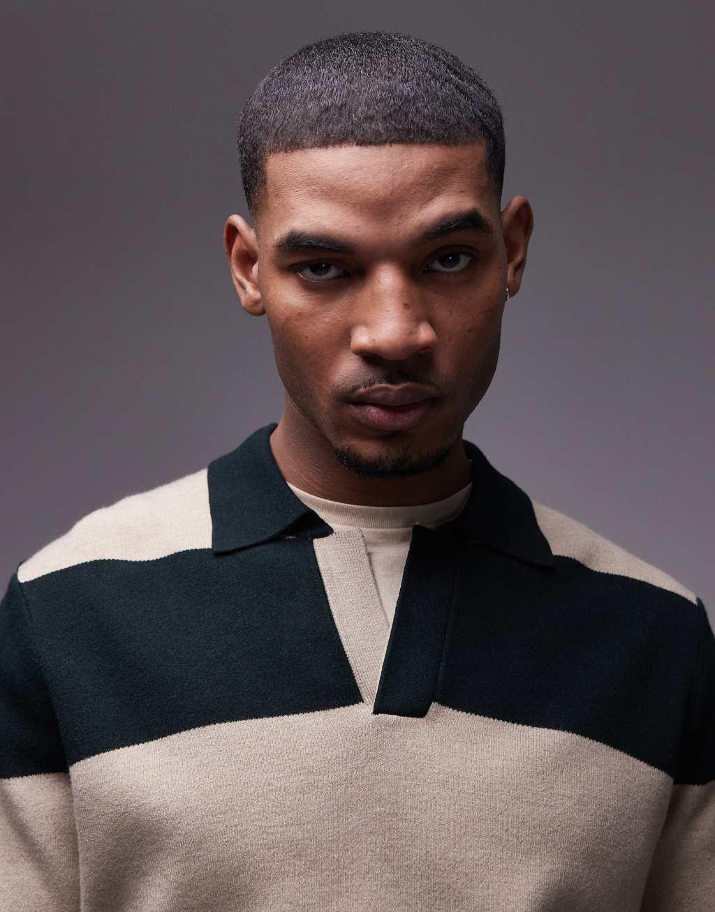 Mango rugby polo shirt in green & beige stripe Product Image