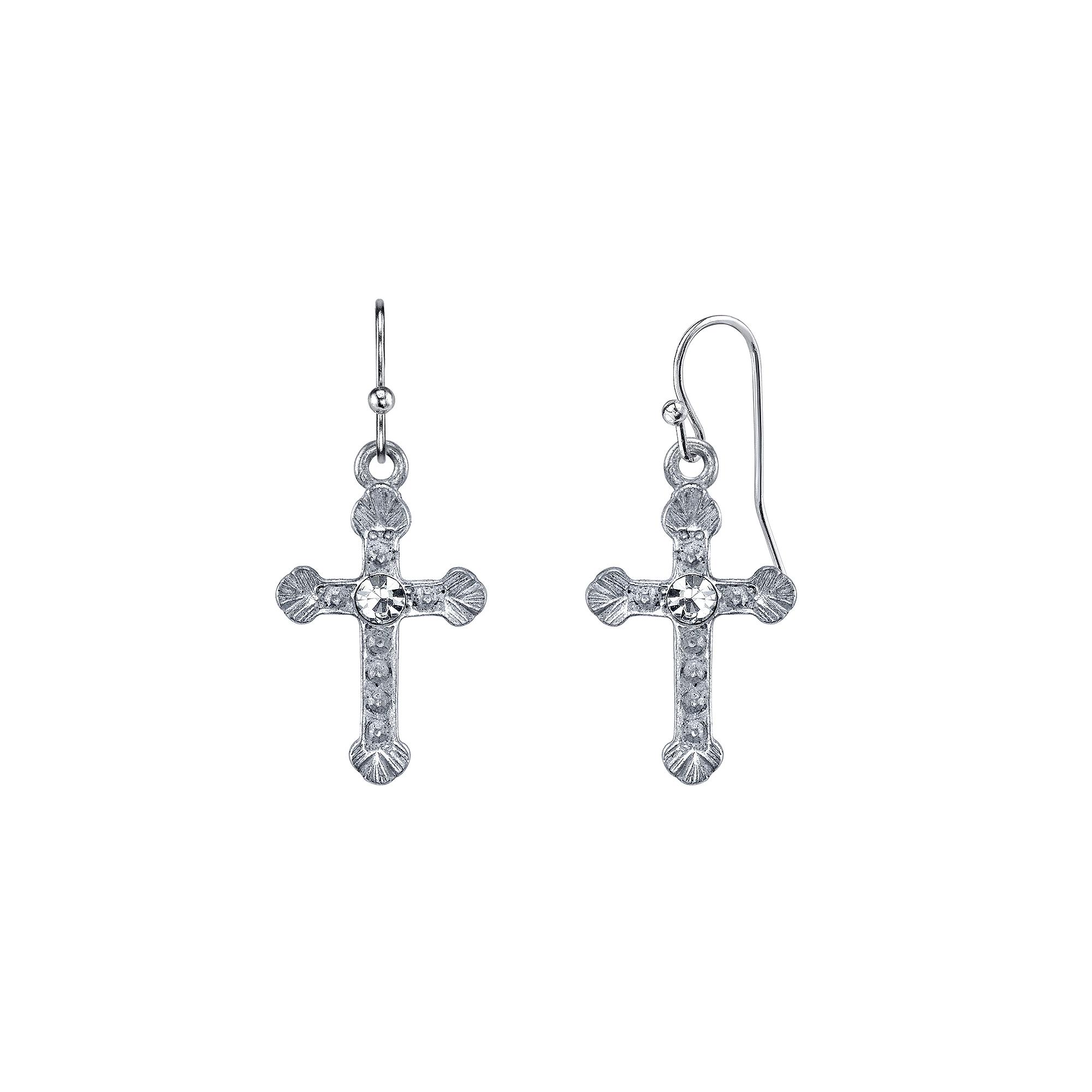 1928 Gold Tone Crystal Cross Drop Earrings, Womens, 14k Gold Product Image