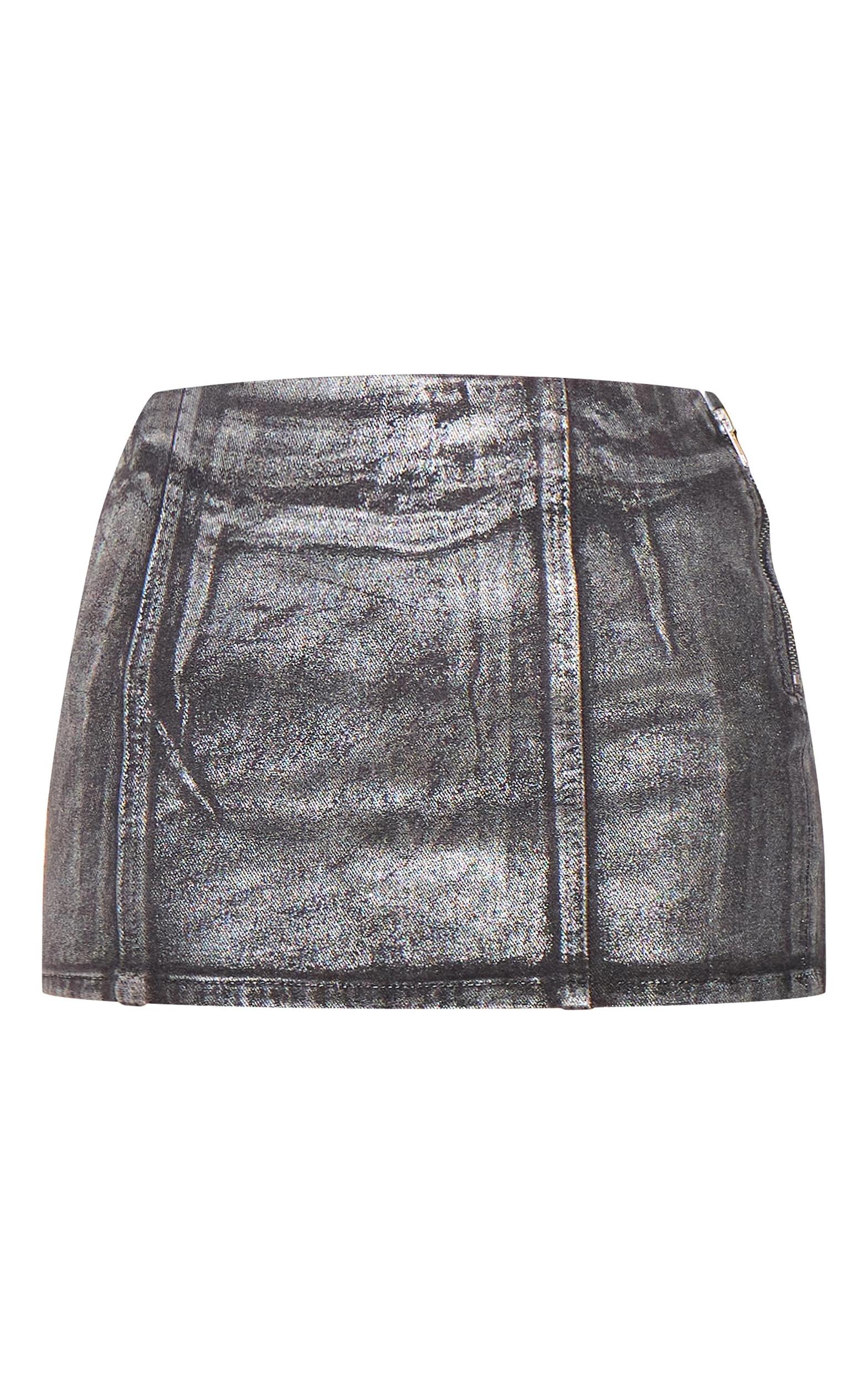 Black Silver Metallic Foil Effect Denim Mini Skirt Product Image