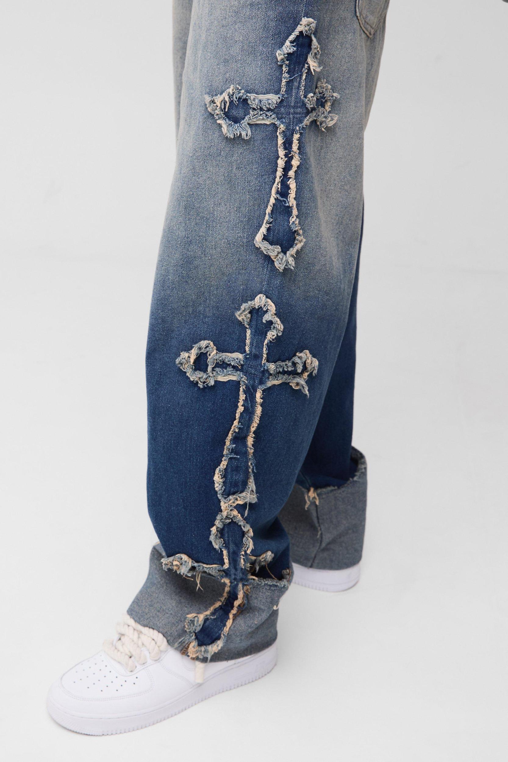 Relaxed Rigid Cross Applique Denim Jeans | boohooMAN USA Product Image
