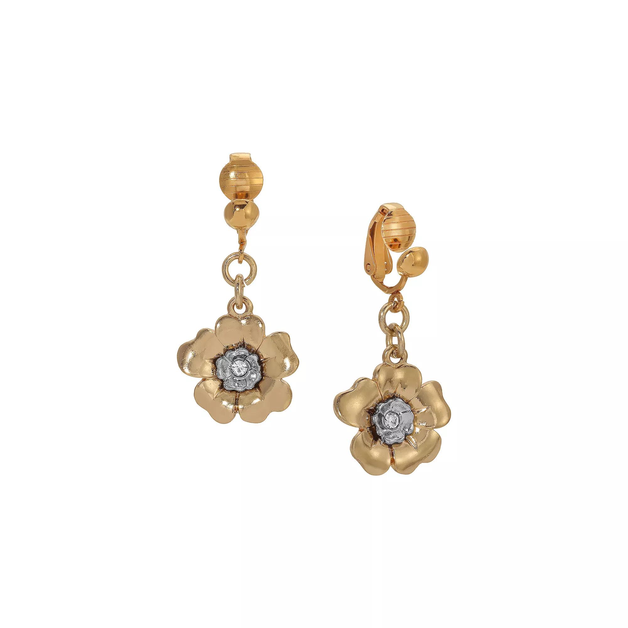 1928 Two Tone Crystal Flower Drop Clip Earrings, Womens, White Product Image