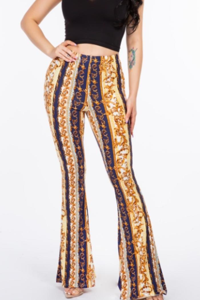 Baroque Chain  Printed Flared Long Pant in Navy Print Product Image