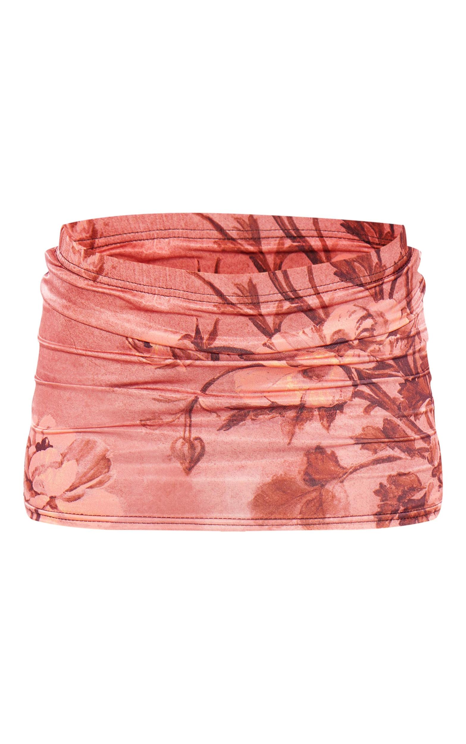 Deep Rose Floral Print Slinky Basic Low Rise Extreme Micro Mini Skirt Product Image