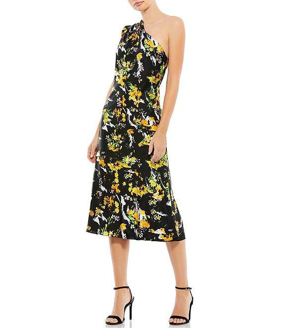 Mac Duggal Asymmetrical One Shoulder Sleeveless Floral Print Midi Dress Product Image