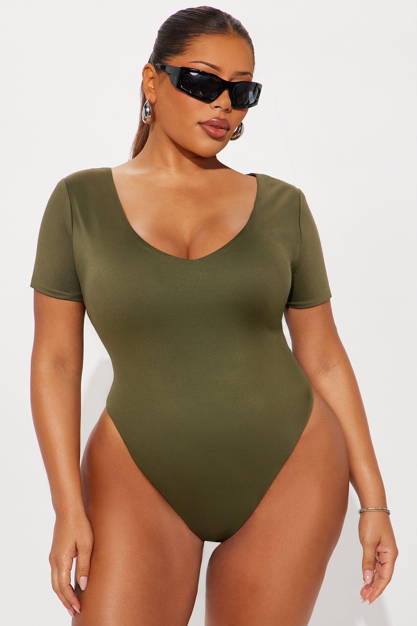 Contour Double Lined Short Sleeve High Cut Bodysuit - Military Green Female Product Image