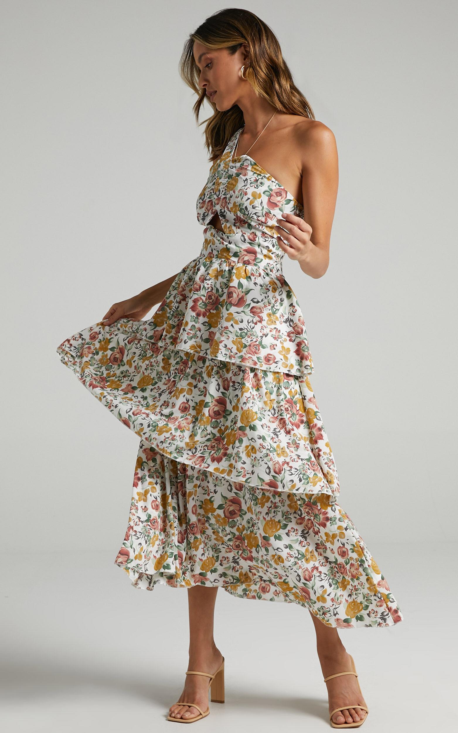 Caro Midi Dress - One Shoulder Tiered Dress in Multi Floral Product Image