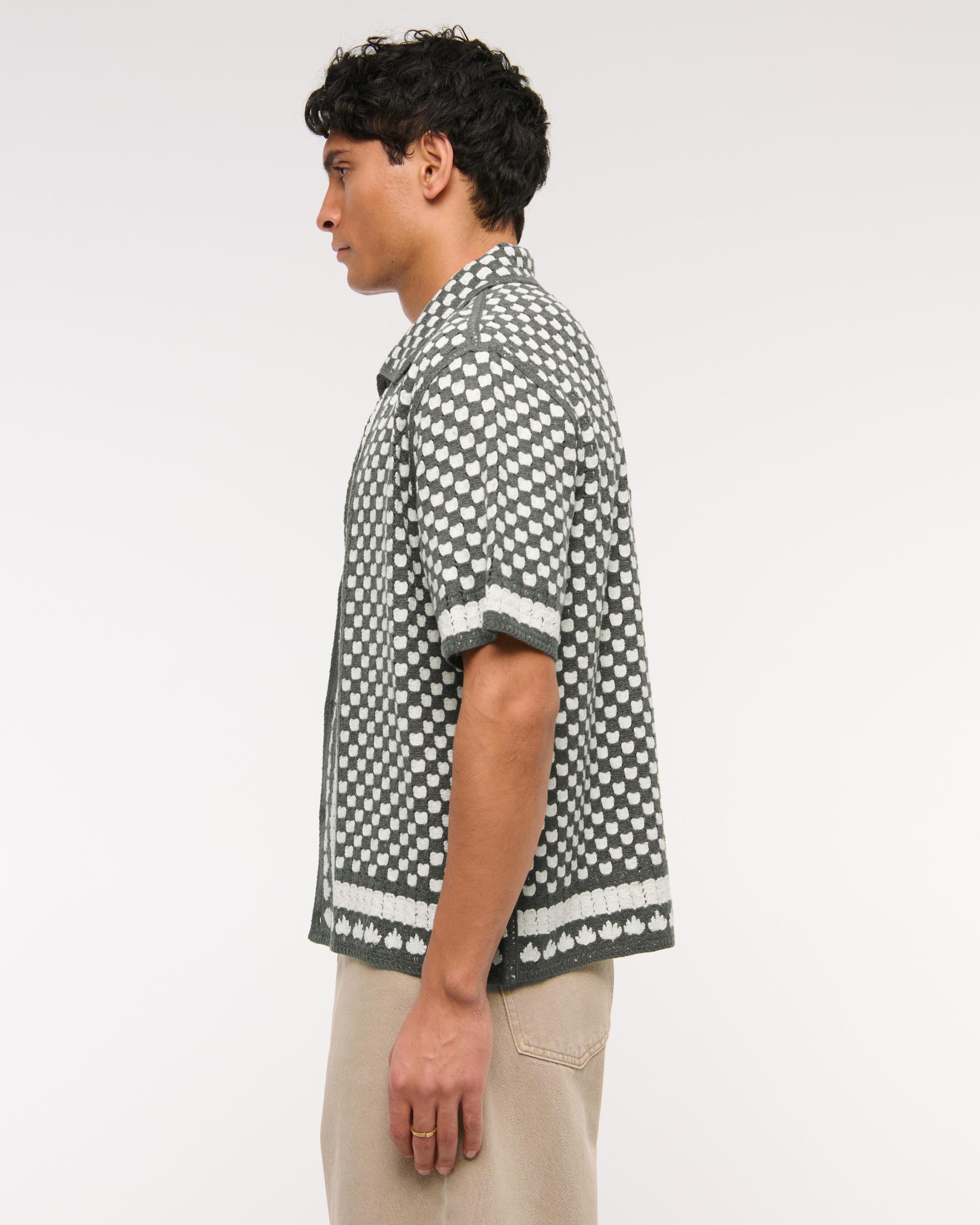 Crochet-Style Border Stripe Button-Through Sweater Polo Product Image