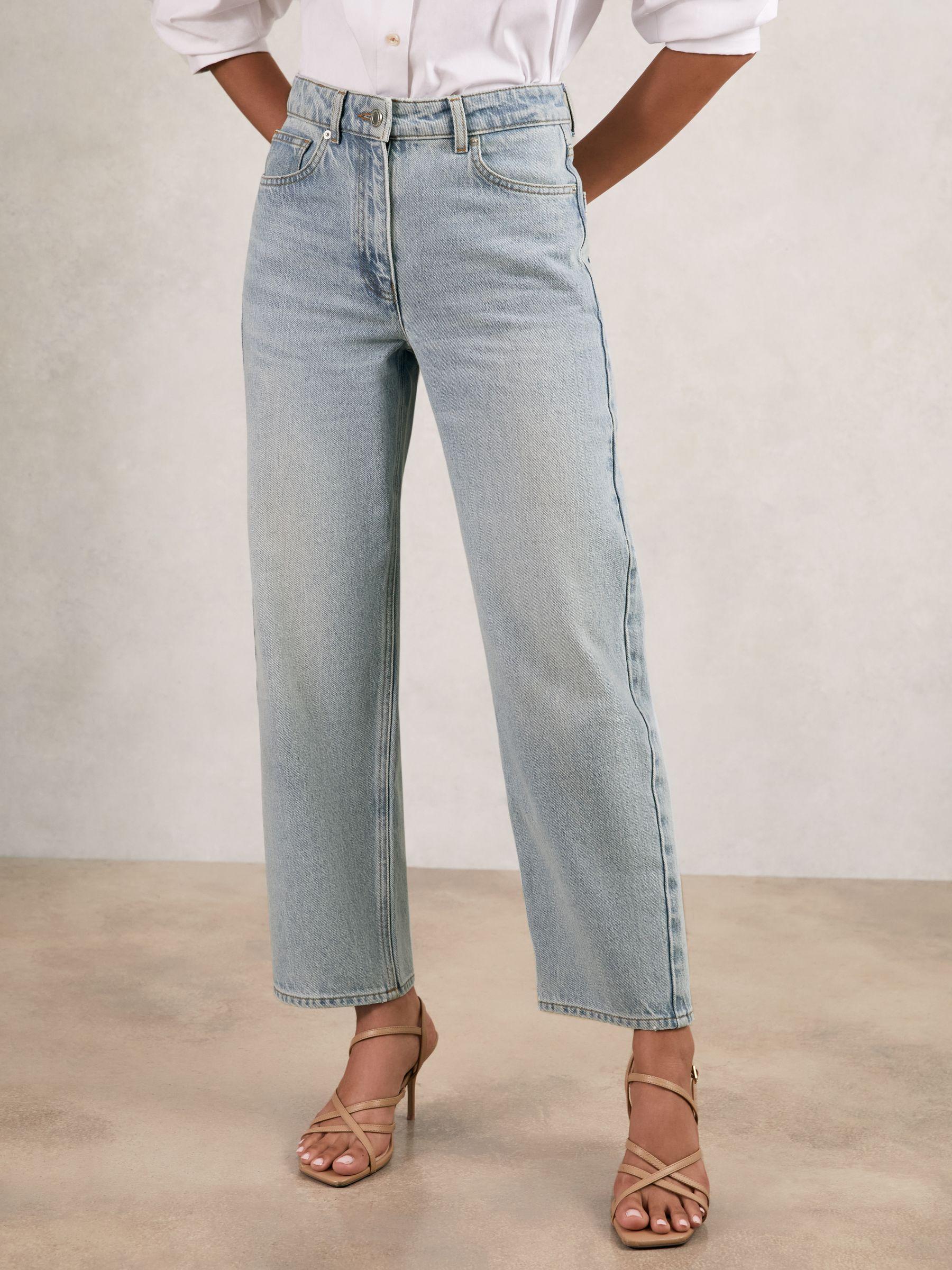 Button-Detail High-Rise Flared Jeans in Mid Blue Product Image