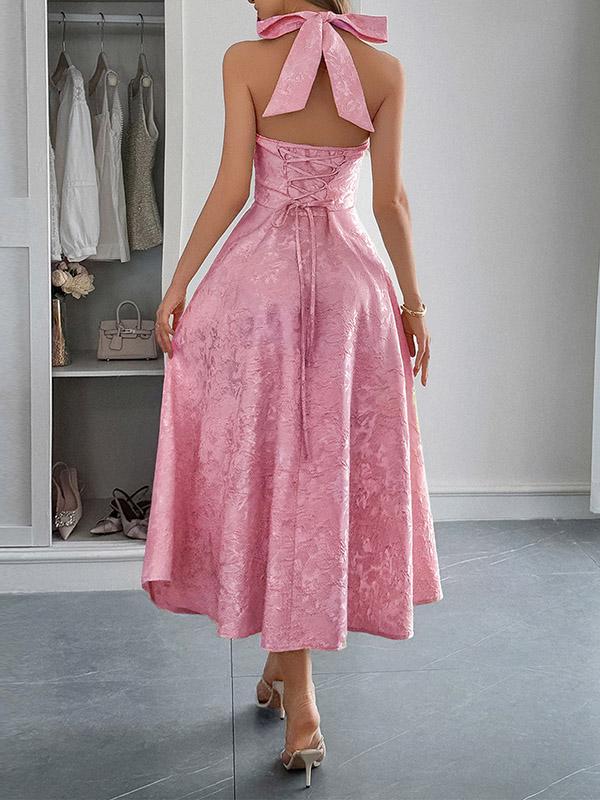 A-Line High Waisted Backless Drawstring Jacquard Pleated Solid Color Tied Deep V-Neck Midi Dresses Product Image