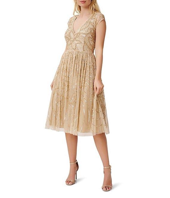 Aidan Mattox V-Neck Cap Sleeve Beaded Pleated Midi Dress Product Image
