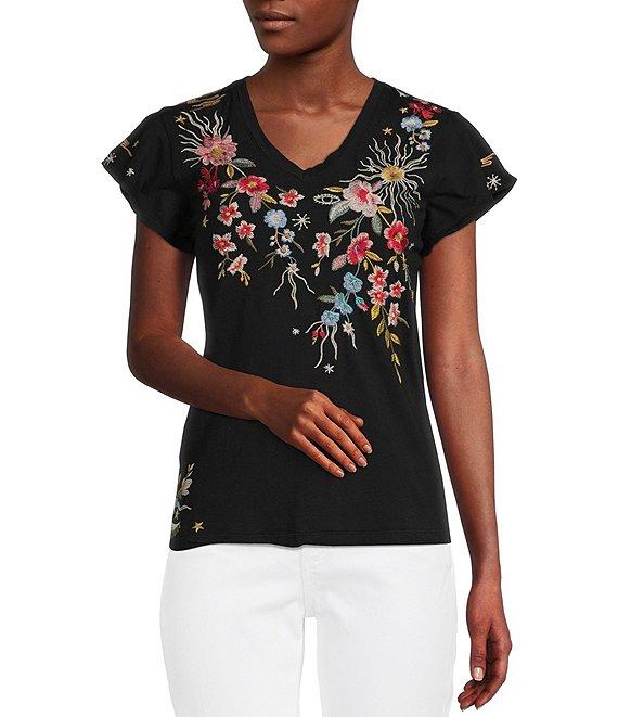 JOHNNY WAS Lissa Embroidered Floral Print Cotton Knit Jersey V-Neck Short Flutter Sleeve Tee Shirt Product Image