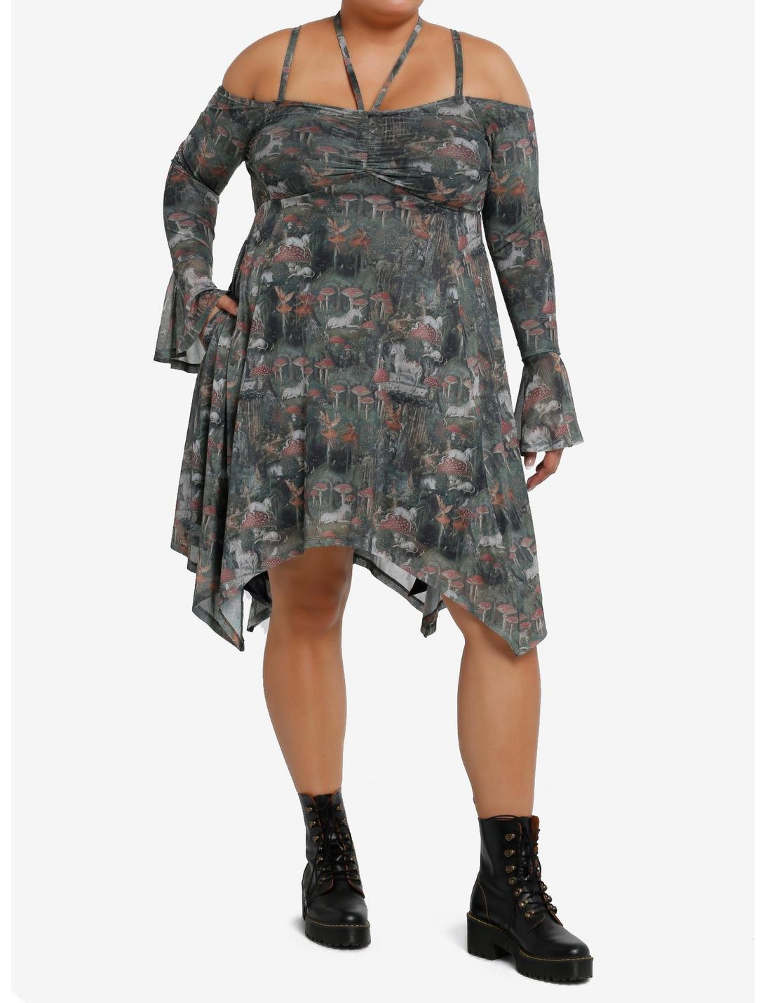 Thorn & Fable Fairy Tale Unicorns & Mushrooms Hanky Hem Halter Dress Plus Size Product Image