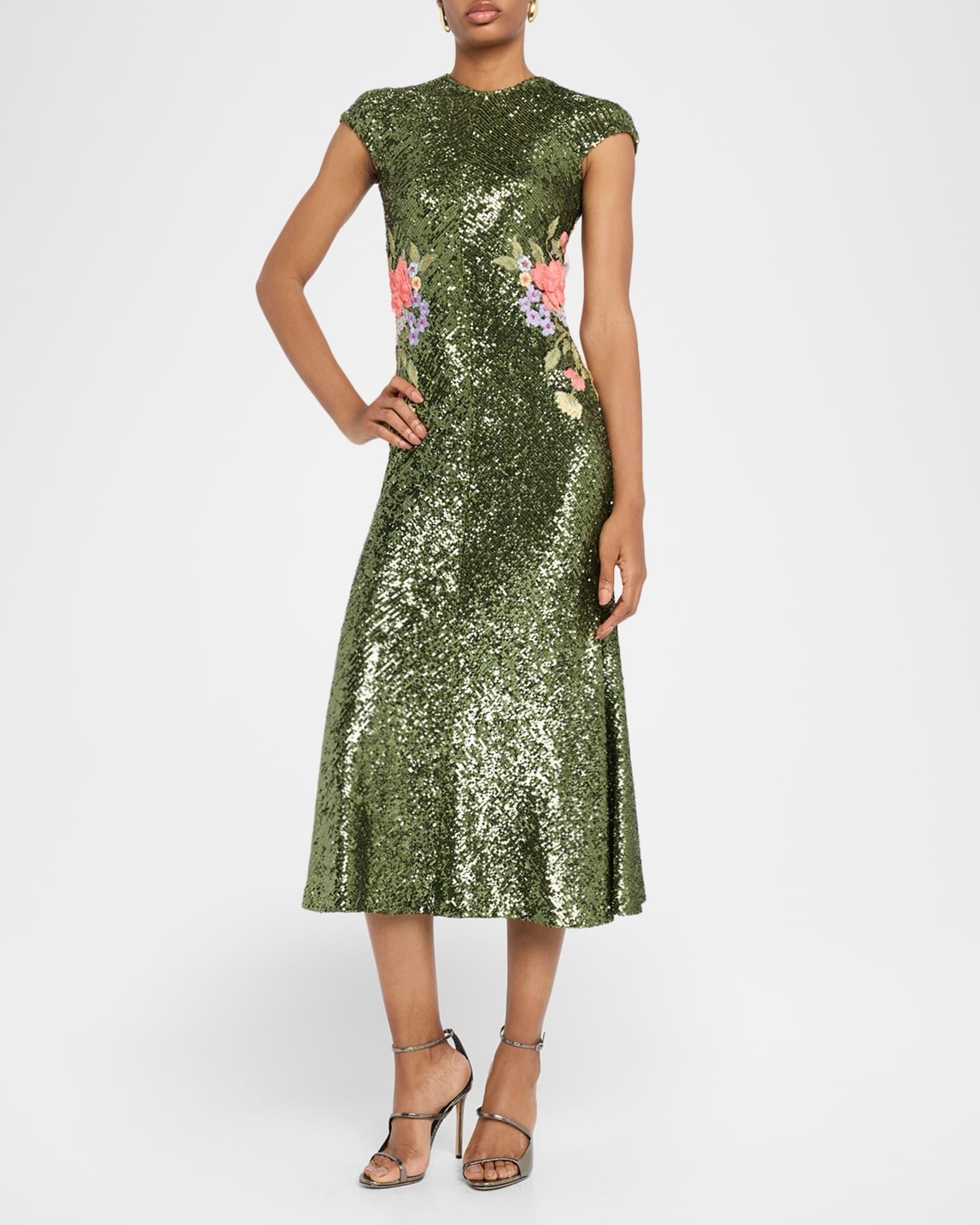 Floral Embroidered Stretch Sequin Cap-Sleeve Midi Dress Product Image