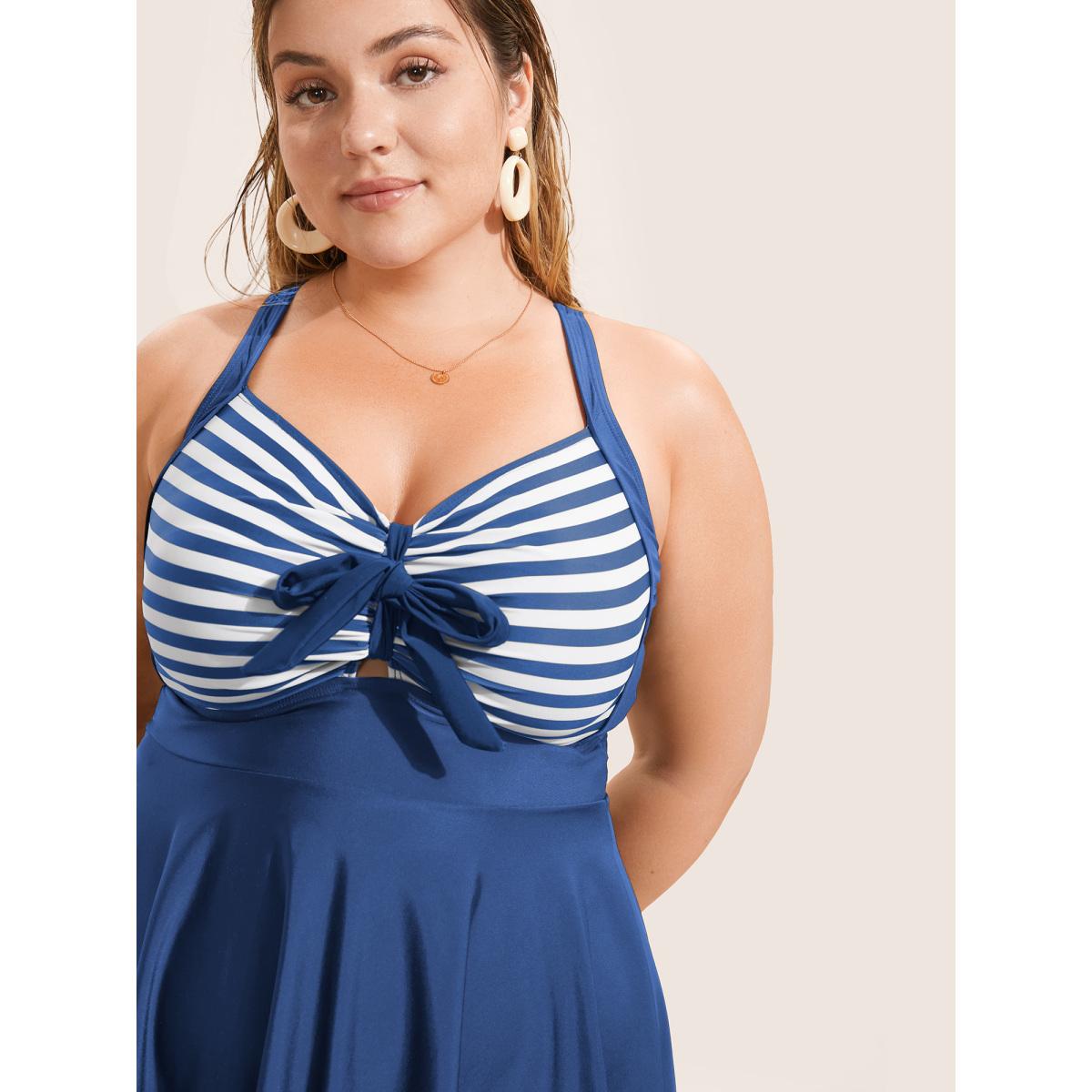 Plus Size Stripes Patchwork Tie Knot Cross Straps Swim Dress Women's Swimwear Mediumblue Resort Bodycon Heart neckline High stretch Curve Swim Dresses BloomChic 28/5X Product Image