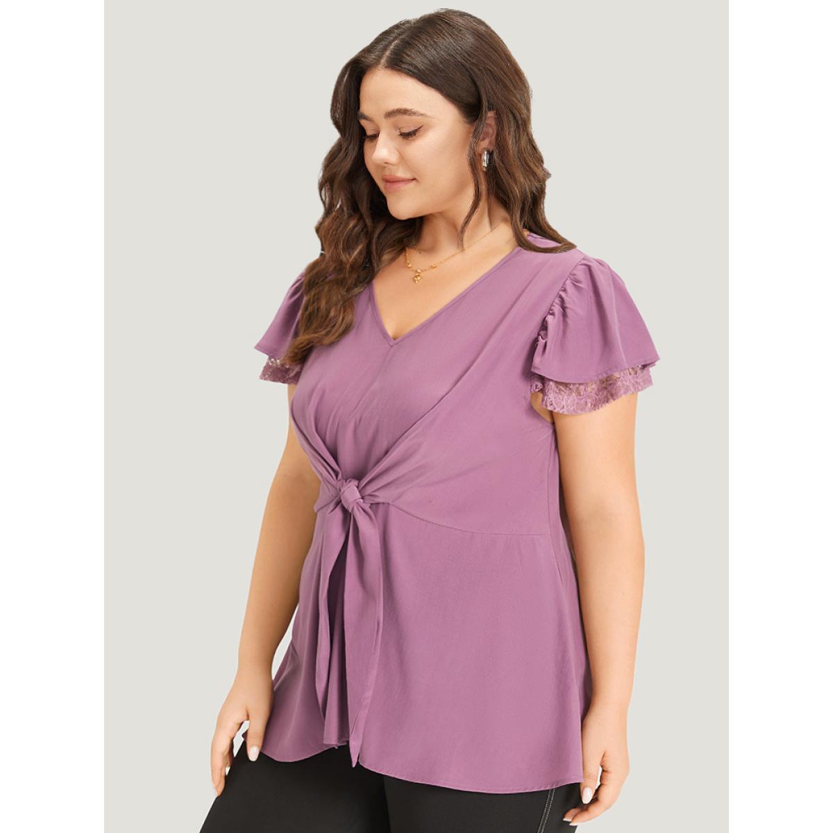 Plus Size Mauve Supersoft Essentials Solid Guipure Lace V Neck Twist Front Blouse Women Elegant Cap Sleeve V-neck Dailywear Blouses BloomChic 10/M Product Image