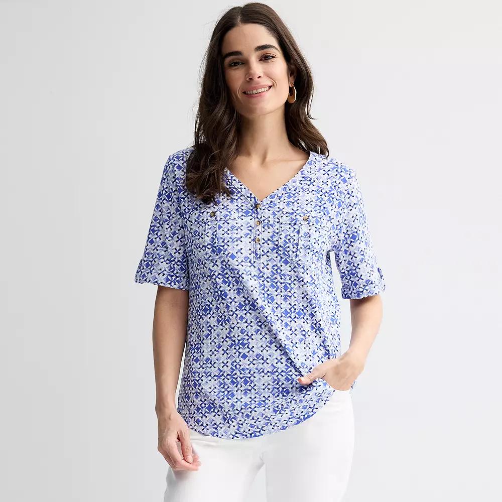 Women's Croft & Barrow® Elbow Sleeve Utility Henley Top, Size: XS, Blue Geo Product Image