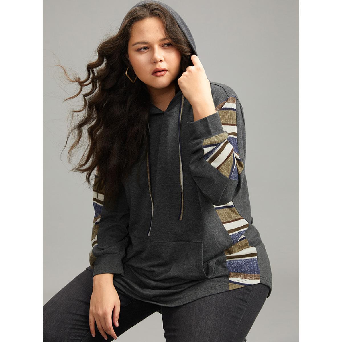 Plus Size Contrast Striped Hooded Ties Pocket Sweatshirt Women DimGray Casual Contrast Hooded Dailywear Sweatshirts BloomChic 12/L Product Image