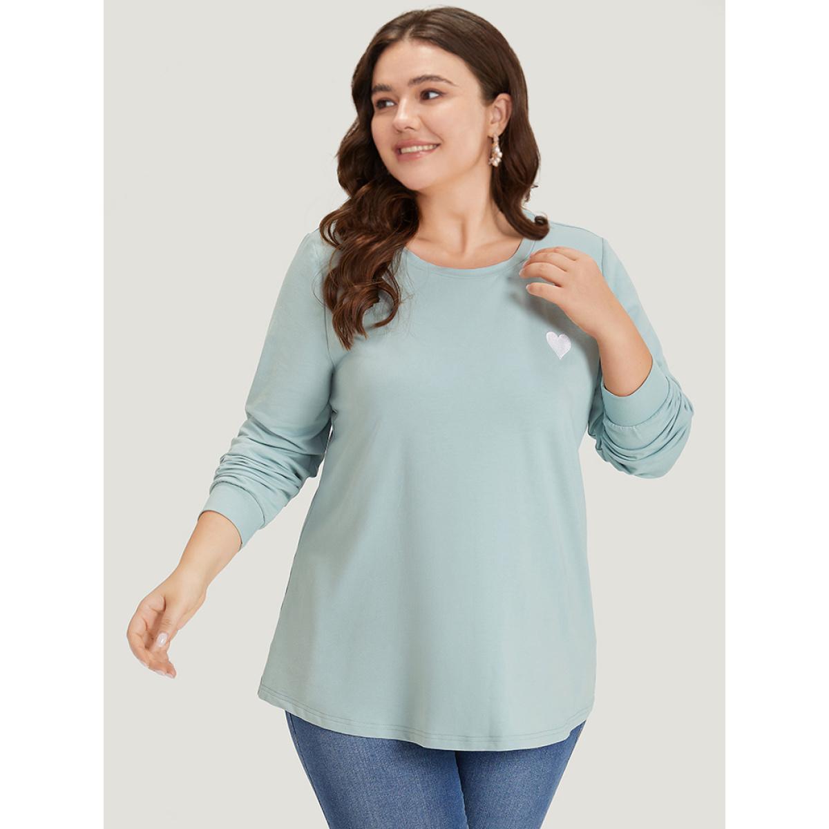 Plus Size Plain Heart Embroidered Crew Neck Sweatshirt Women Green Elegant Elastic cuffs Round Neck Dailywear Sweatshirts BloomChic 10/M Product Image