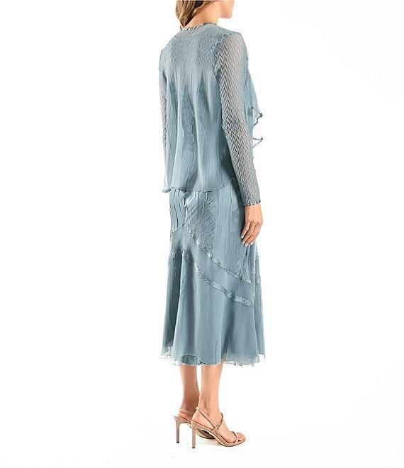 Komarov Charmeuse Chiffon V-Neck Long Sleeve Ruffle Front 2-Piece Jacket Dress Product Image