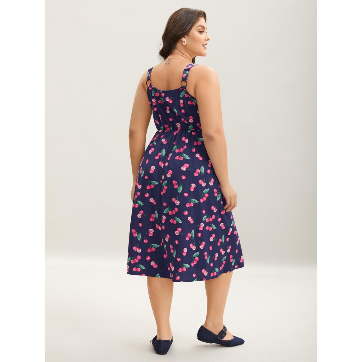 Plus Size Cherry Print Stretchy Waist Pockets Midi Dress Navy Women Elegant Non Non Sleeveless Curvy BloomChic 22-24/3X Product Image