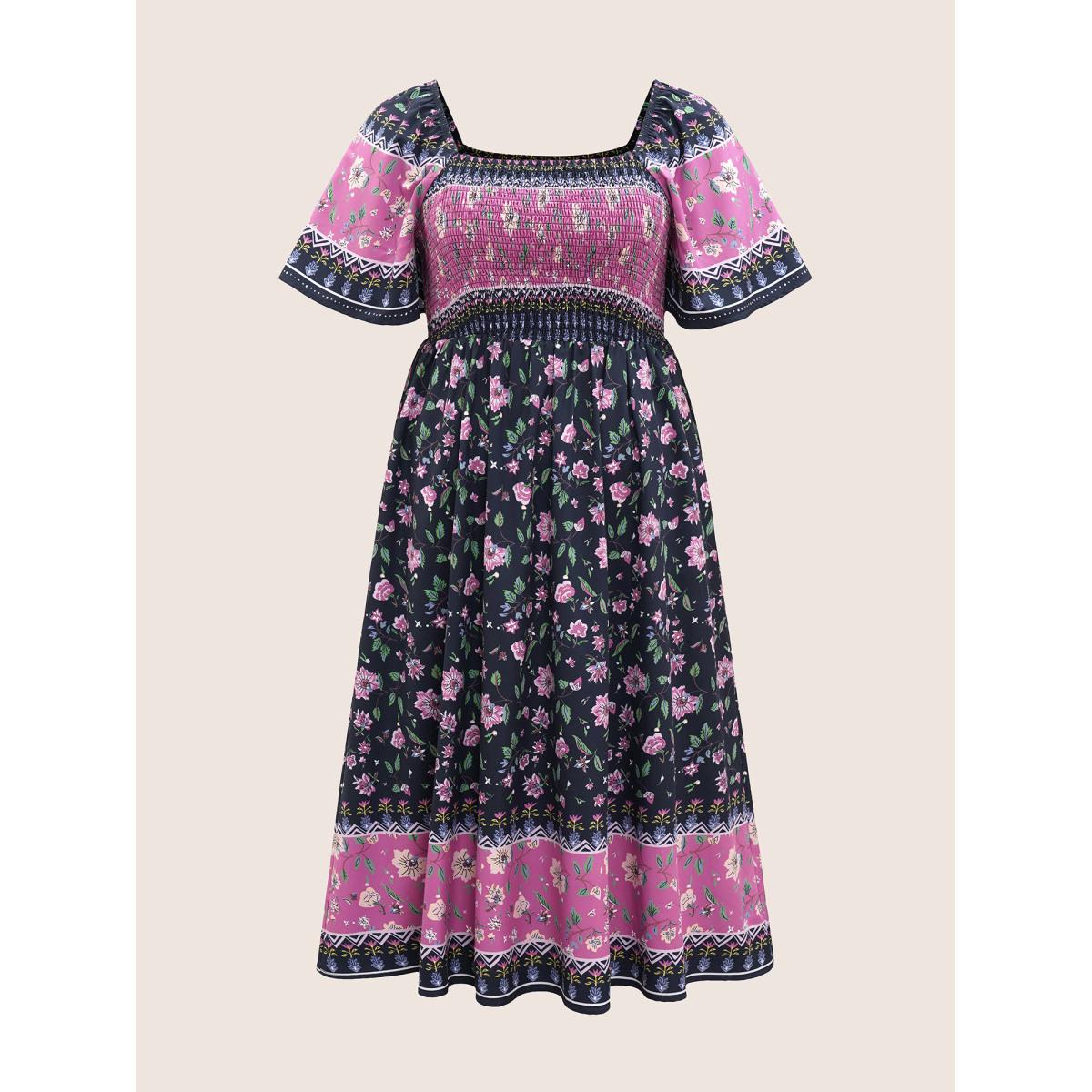 Plus Size Ditsy Floral Shirred Patchwork Ruffle Sleeve Dress Black Women Resort Shirred Square Neck Short sleeve Curvy Midi Dress BloomChic 28/5X Product Image