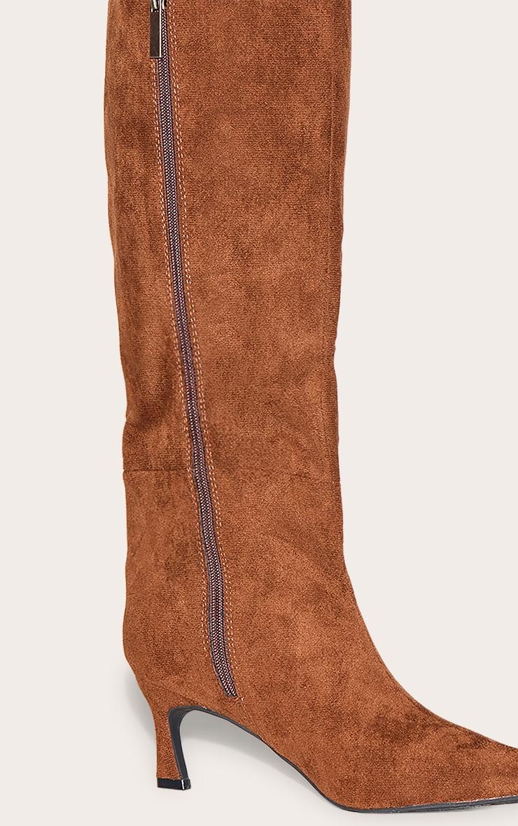 Chocolate Faux Suede Point Toe Mid Heeled Knee High Boots Product Image