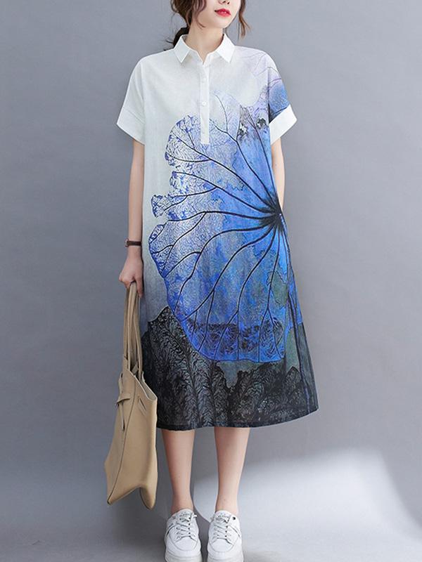Artistic Retro Floral Printed Buttoned Lapel Collar Short Sleeves Midi Shirt Dress Product Image