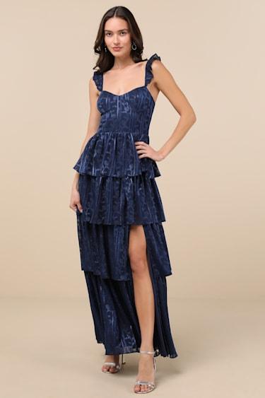 Stunning Glory Navy Blue Floral Jacquard Tiered Maxi Dress Product Image