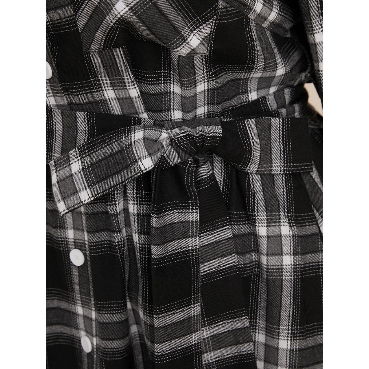 Plus Size Plaid Pocket Button Cuffed Sleeve Belted Arc Hem Dress Black Women Office Belted Shirt collar Long Sleeve Curvy Midi Dress BloomChic 30/6X Product Image