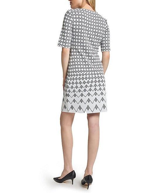 Ming Wang Knit Jacquard Geo Print Round Neck Elbow Sleeve Dress Product Image