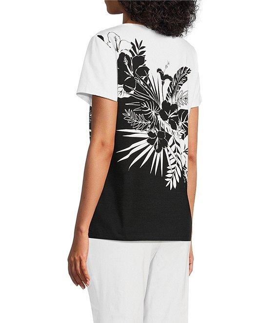 Allison Daley Embellished Tropical Palm Print Short Sleeve Crew Neck Knit Top Product Image