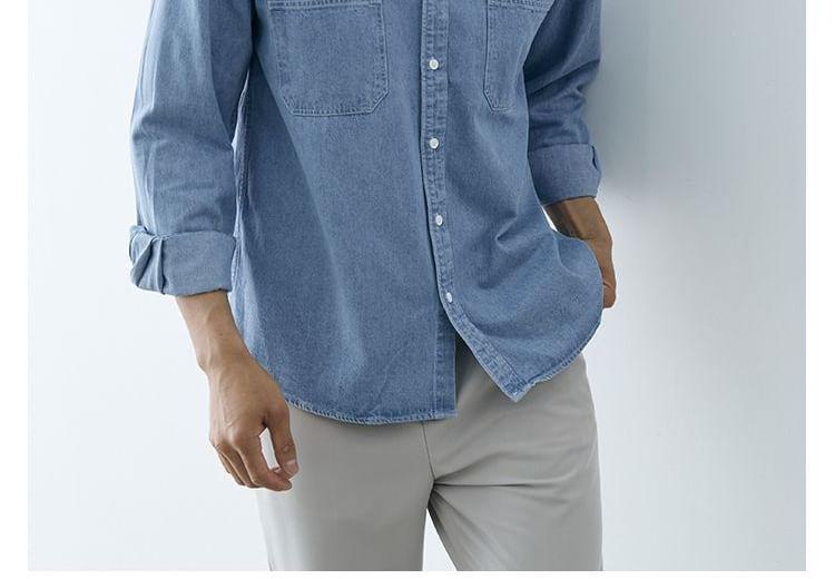 Long Sleeve Collared Washed Denim Shirt Product Image