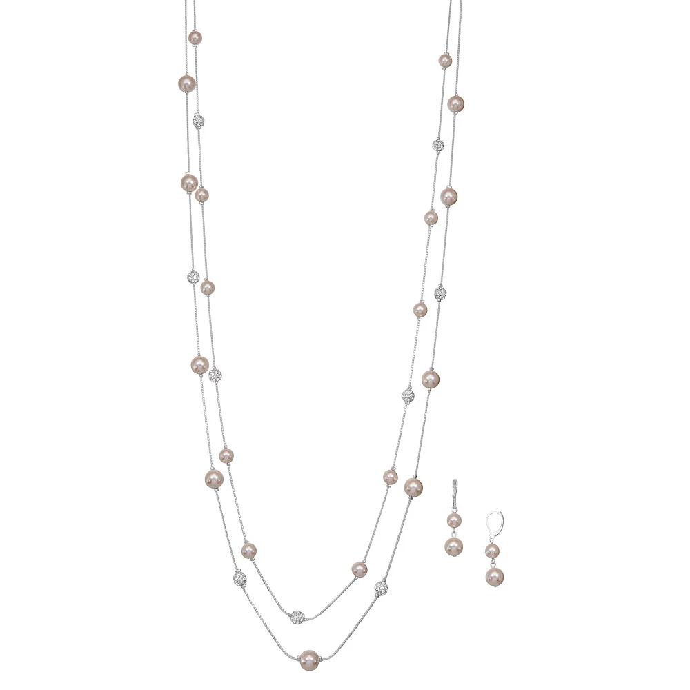 Napier Silver Tone Simulated Pink Pearl Multi Strand Necklace & Drop Earrings Set, Women's, Silvertone Product Image