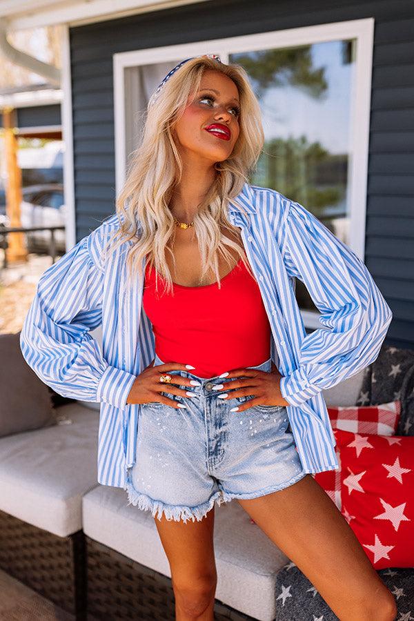 First Class Reservations Stripe Button Up in Blue Product Image