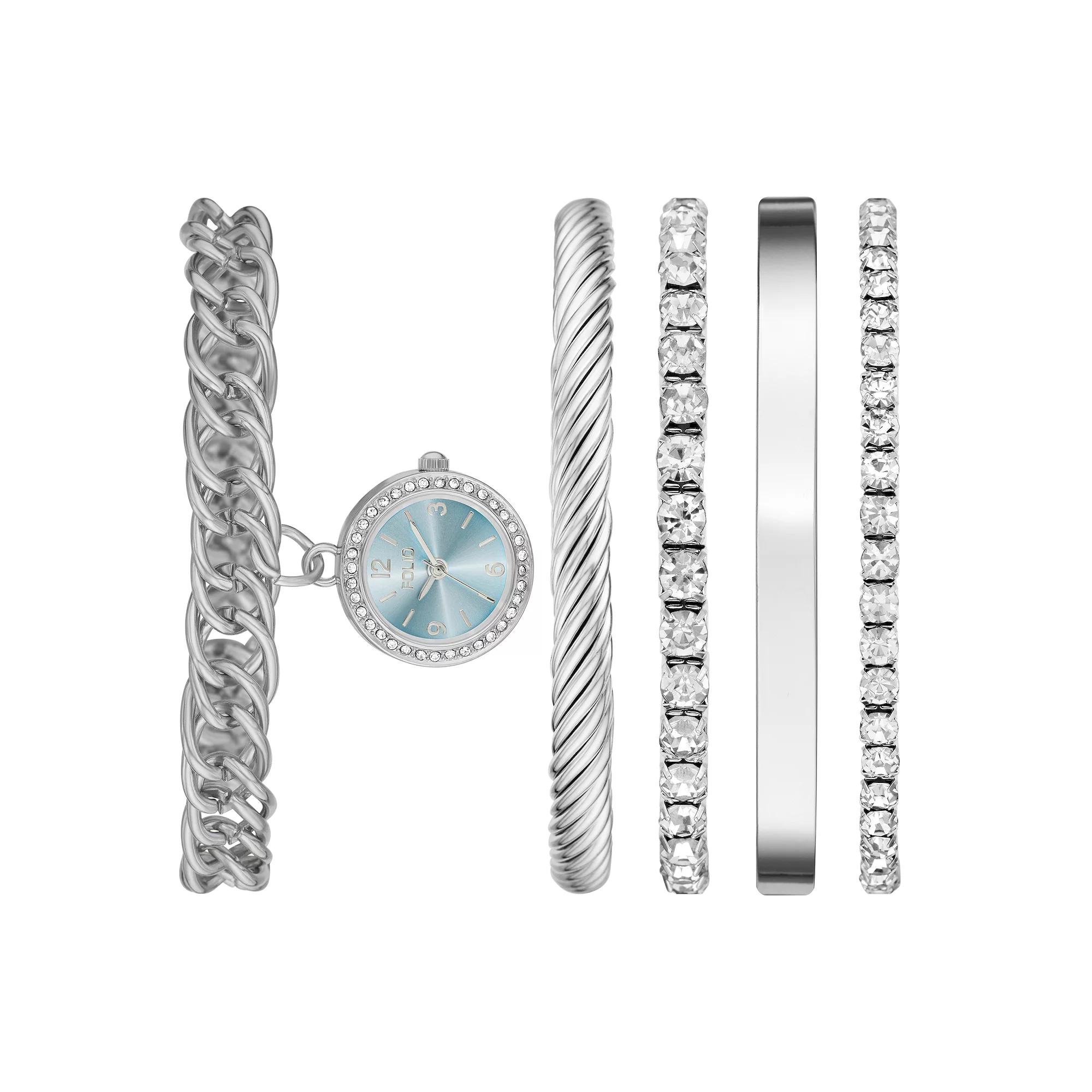 Folio Women's Silver Tone Charm Watch & Bracelet Set, Size: 22MM, None Product Image
