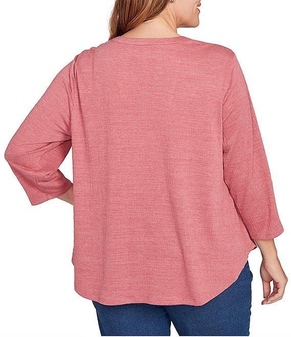 Ruby Rd. Plus Size Textured Knit Split V-Neck 3/4 Sleeve Top Product Image