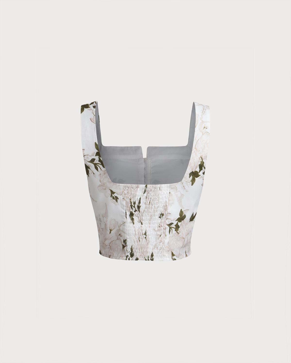 White Floral Shirred Square Neck Cami Top Product Image