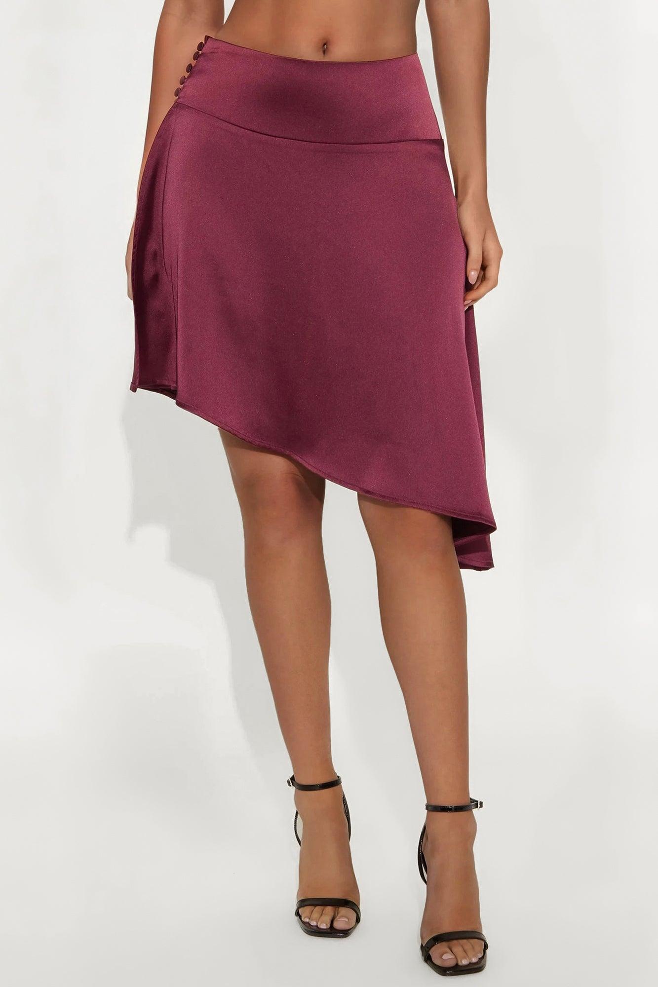 Camille Asymmetrical Satin Midi Skirt - Burgundy Female Product Image