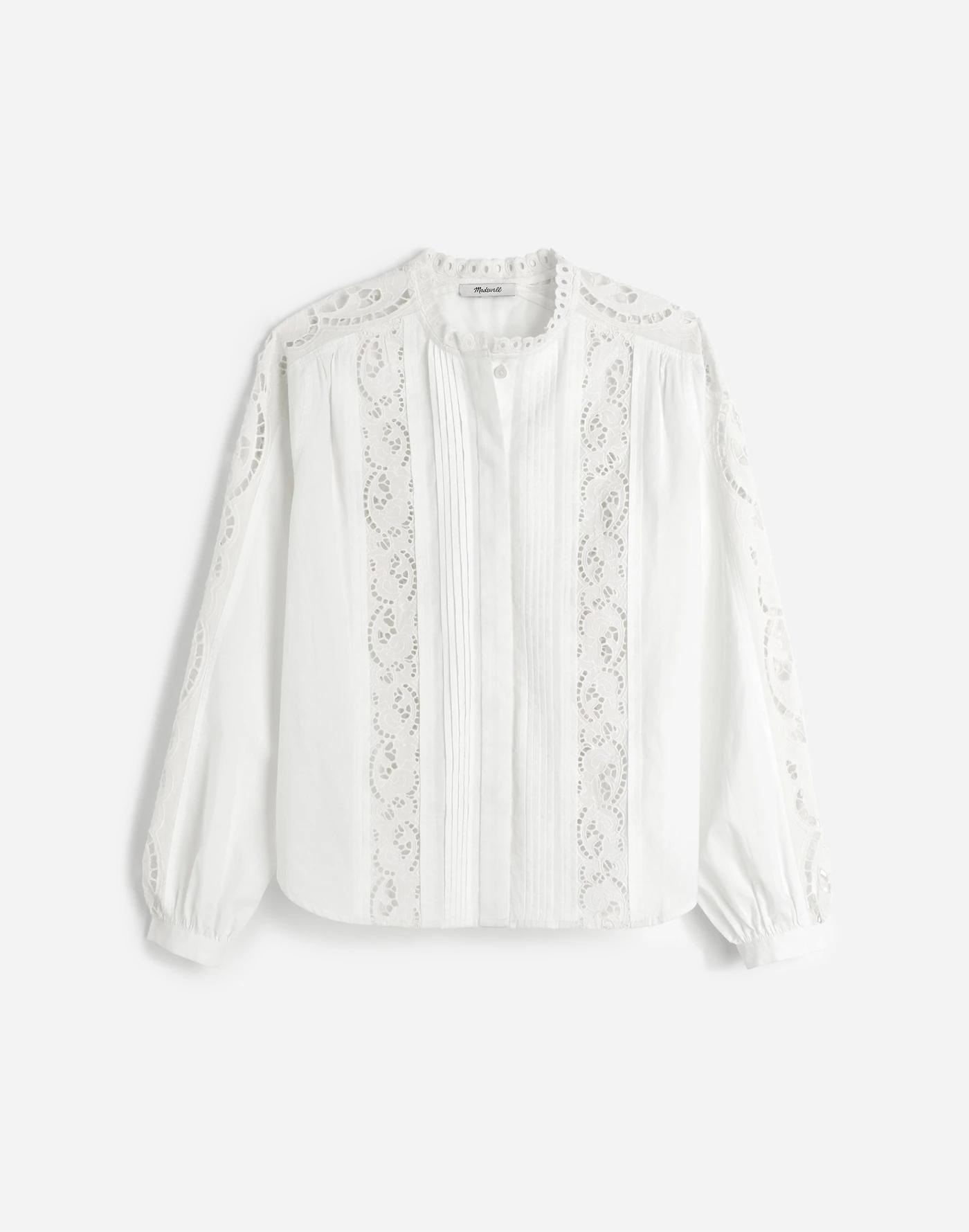 Lace-Inset Pintucked Button-Up Top Product Image