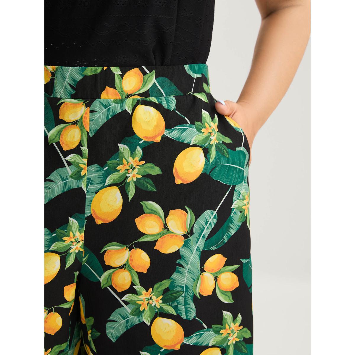 Plus Size Citrus Print Wide-Leg Pants Women BlackFlower Leisure Wide Leg Mid Rise Casual Pants BloomChic 30/6X Product Image