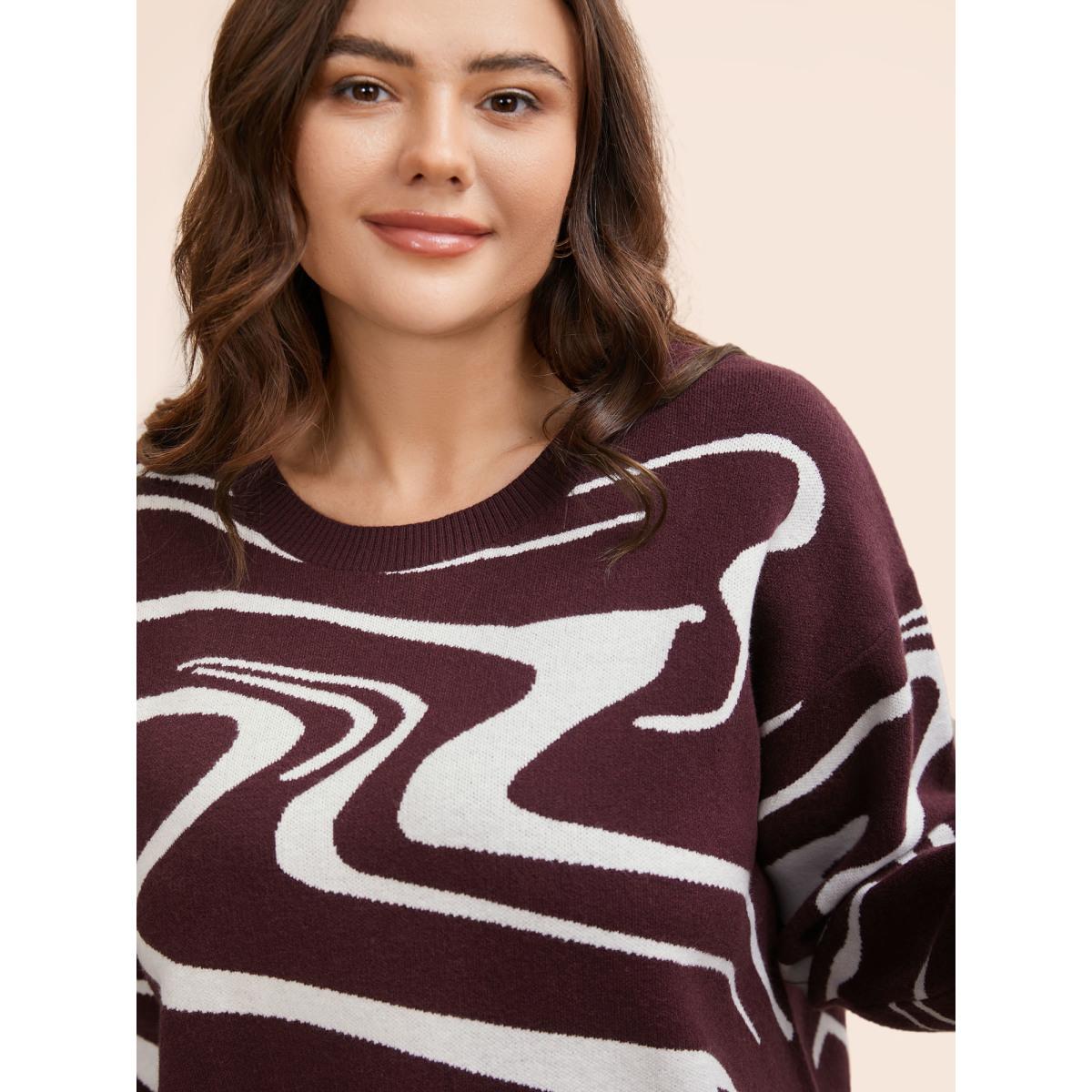 Plus Size Water Ripple Contrast Drop Shoulder Pullover DarkBrown Women Casual Loose Long Sleeve Round Neck Everyday Pullovers BloomChic 22-24/3X Product Image