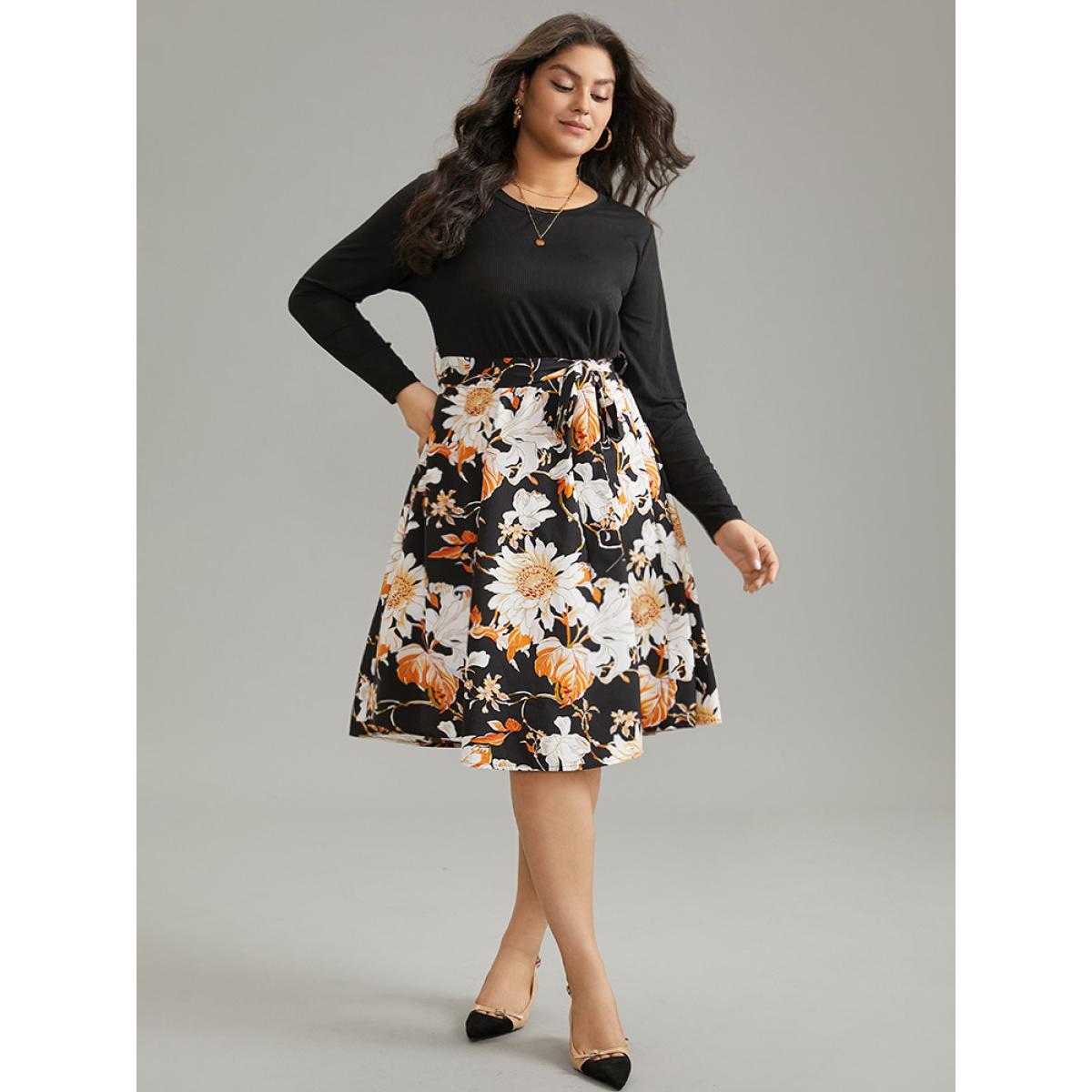 Plus Size Floral Print Rib Knit Belted Dress Black Women Elegant Rib Knit Round Neck Long Sleeve Curvy Midi Dress BloomChic 12/L Product Image
