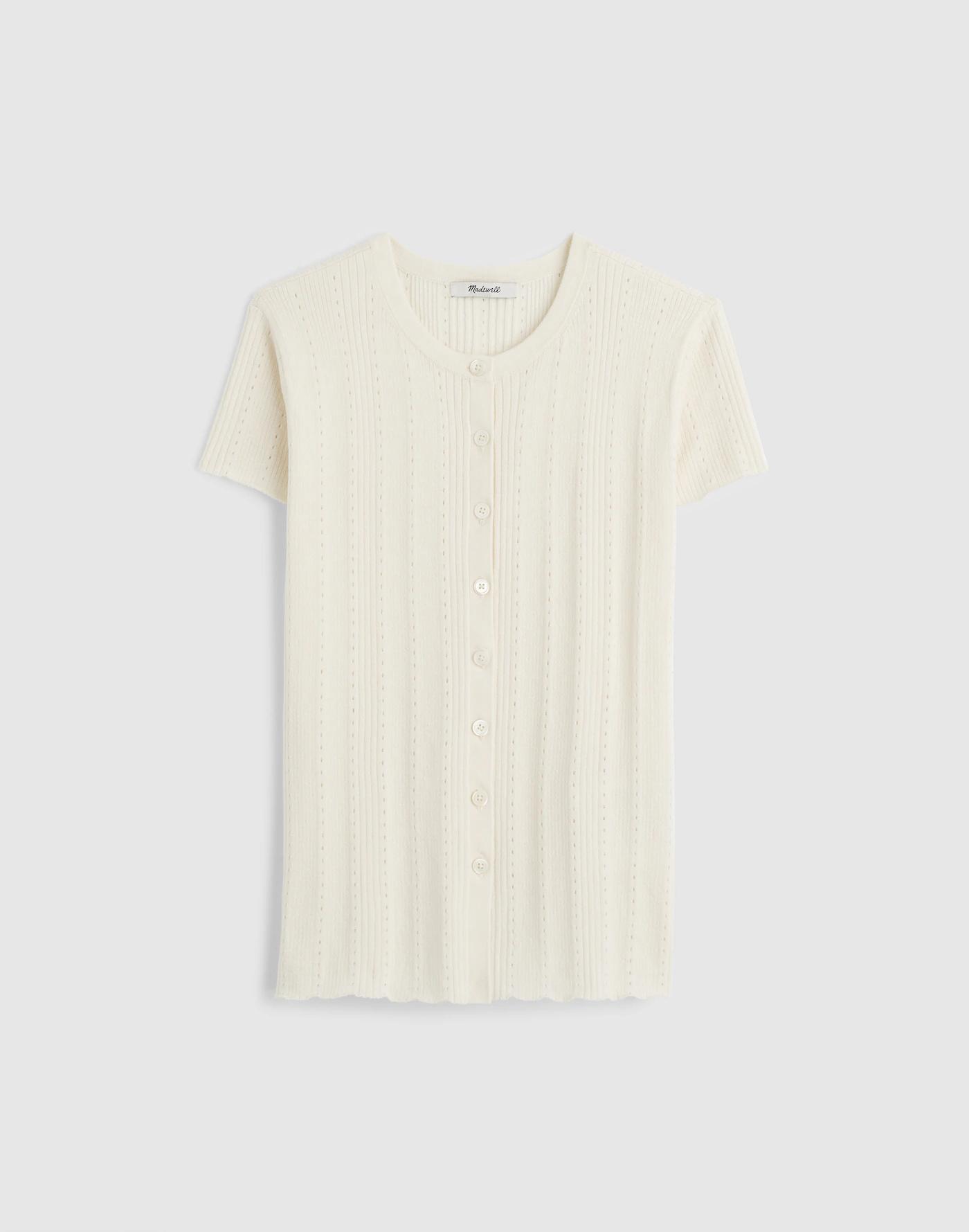 Cotton-Blend Pointelle Short-Sleeve Cardigan Product Image