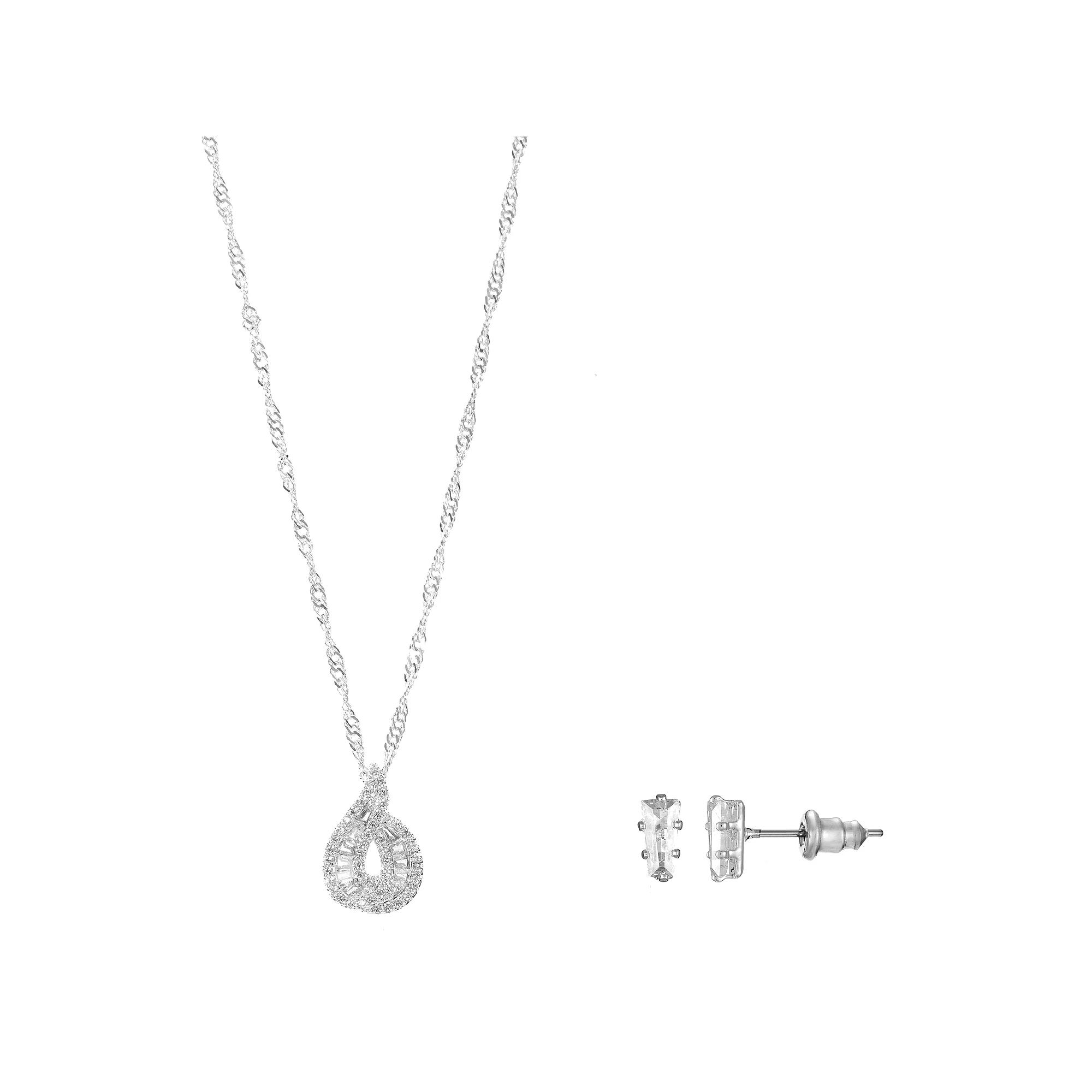 Silver Tone Cubic Zirconia Necklace & Stud Earrings Set, Women's, Size: 18+3" Product Image