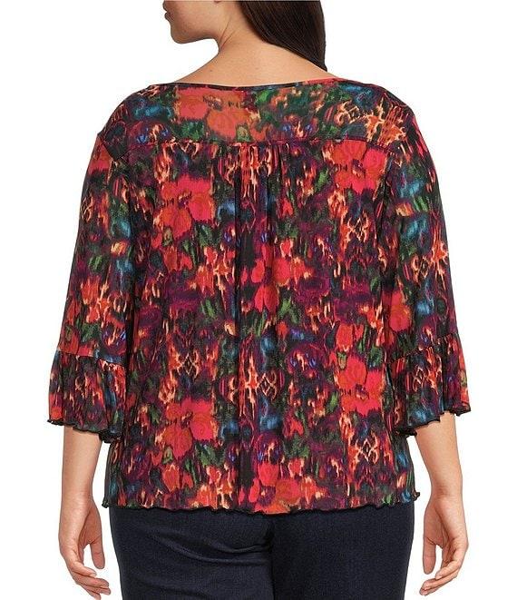 Intro Plus Size Soft Mesh Floral Print 3/4 Romantic Sleeve Top Product Image