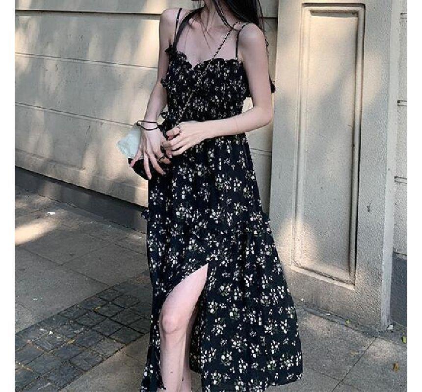 Spaghetti Strap Floral Slit Midi A-Line Sundress Product Image
