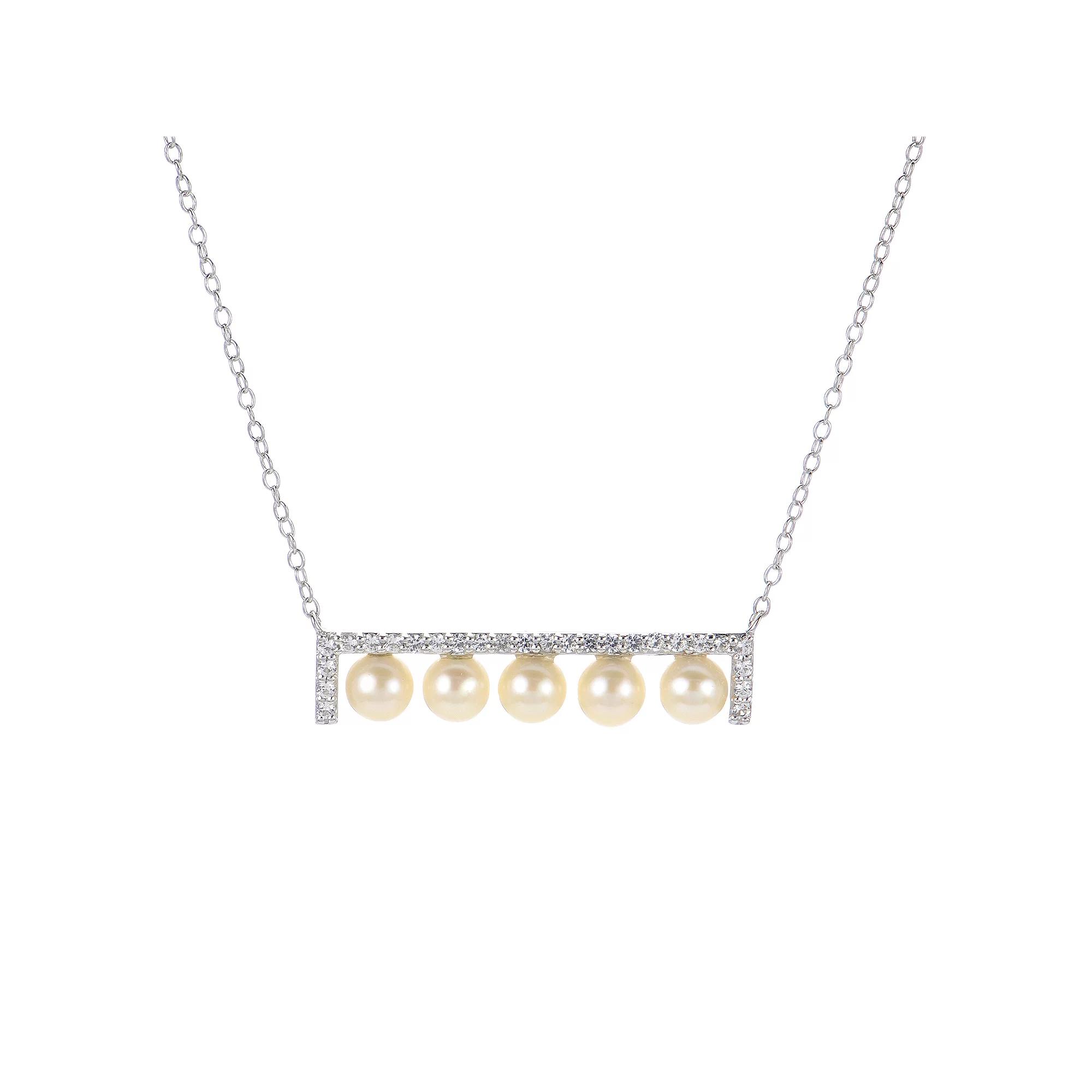 PearLustre by Imperial Sterling Silver Freshwater Cultured Pearl & Lab-Created White Sapphire Bar Necklace, Womens Product Image