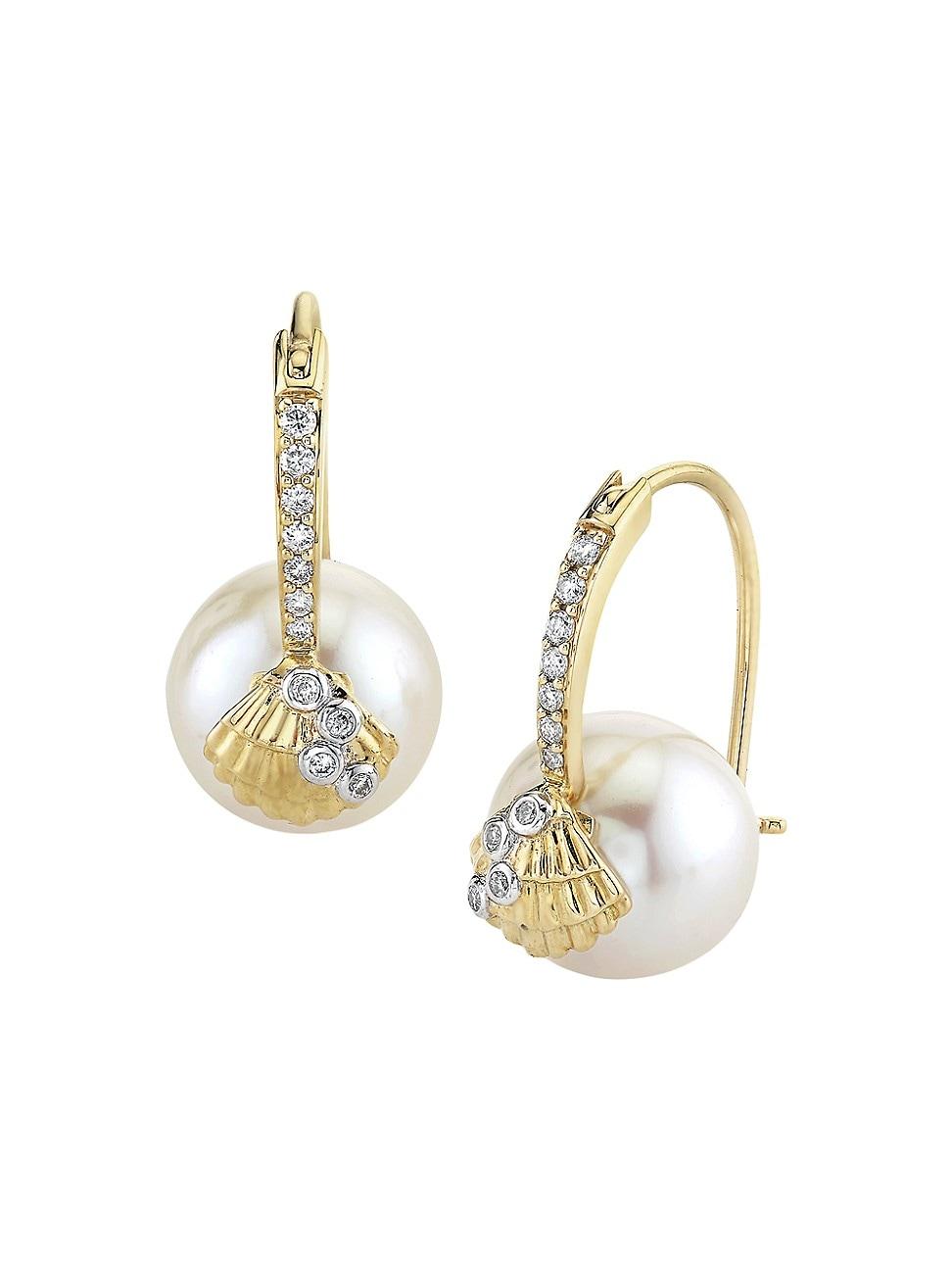 Womens Under The Sea 14K Yellow Gold, Freshwater Pearl & 0.15 TCW Diamond Earrings Product Image