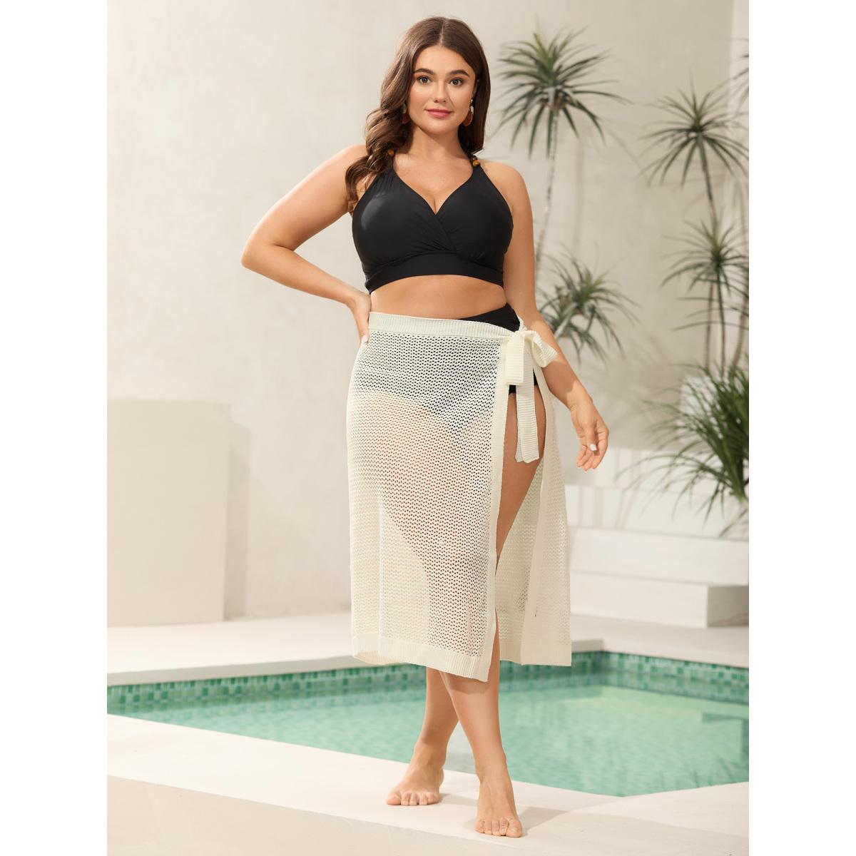 Plus Size Crochet Tie Side Wrap Sarong Cover Up Women's Swimwear Originalwhite Beach Bodycon Tie knot Curve Swim Cover Ups BloomChic 10/M Product Image